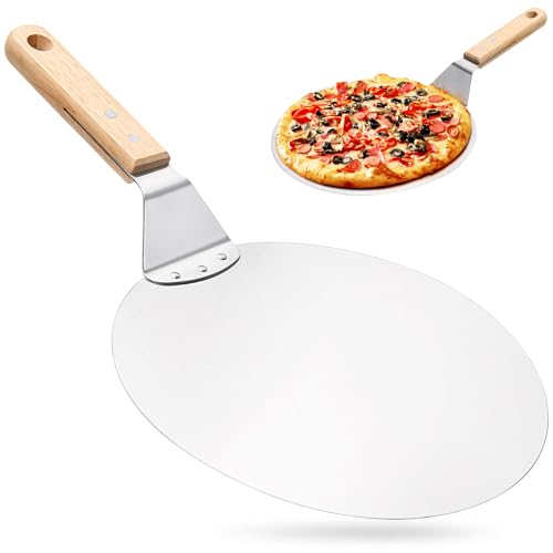 Pelle à pizza ronde avec poignée en bois - Pelle à pizza en acier inoxydable - Pour barbecue ou four à pizza (20,32 cm)