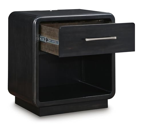 Signature Design by Ashley Rowanbeck Nightstand with LED Nightlight & Charging Station, Curved Waterfall Edge, Hardwood Solids, Ash Veneer & Engineered Wood, Modern Bedside Table for Bedroom, Black by Signature Design by Ashley - Used condition - Image 6