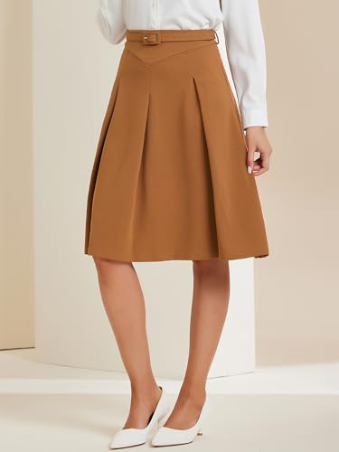 Allegra K Women's Office Work Skirts Belted Waist Midi A-Line Pleated Skirt3