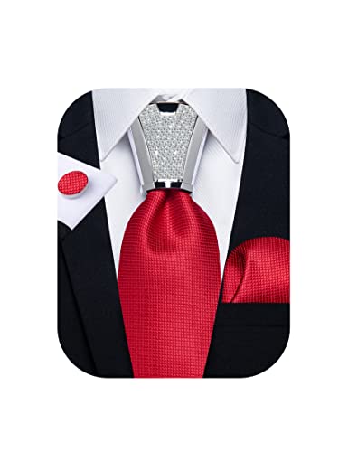 DiBanGu Silk Formal Necktie Set for Men Red Solid Color Tie and Tie Knot Cover Set with Handkerchief Cufflinks Fashion Wedding Bussiness