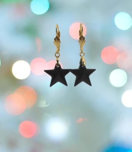 Lever Back 14K Yellow Gold Earrings With Unique Austrian Crystals Black Star 20 Mm Pure Plated Thickness Oval Lever Back Safety Dangle Drop Jewelry For Women Party Girl Gift, Jet - Black Opal #TOP4