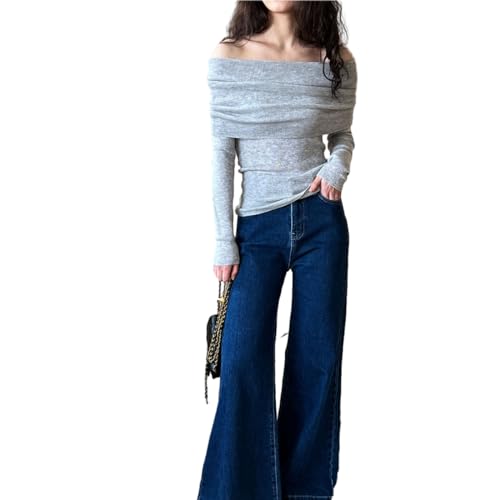 Image of Women Long Sleeve Off The Shoulder Sweater Tops Sexy Shirt Black White Red Cute Ribbed Fiited Blosue