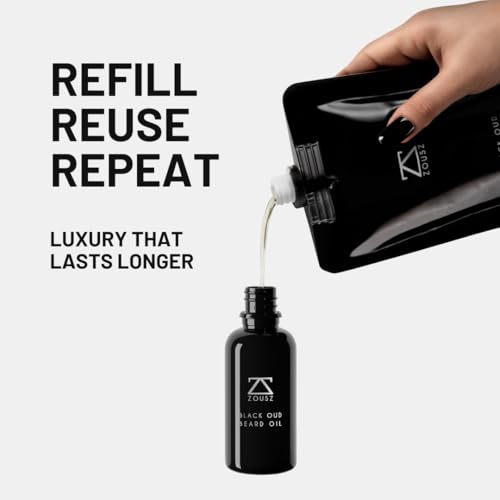 ZOUSZ Beard Oil for Men, 100mL Refill Pouch - Black Oud (Growth Enhancer), Beard Care Essential, Moisturiser/Softener, Non-Greasy After Shaving Oil, Paraben-Free