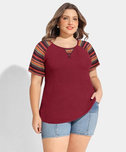 Image of CARCOS Plus Size Tops for Women Short Sleeve Shirt Summer Star /Leopard /Tie Dye /Flower Crewneck Pullover Tunic XL-5XL