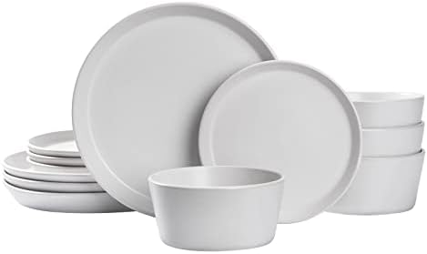 BOBOYM Dinnerware Set,12 Piece Stoneware Dinnerware Set for 4, Kitchen Plates And Bowls Set,white dinner set,small dot