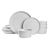 BOBOYM Dinnerware Set,12 Piece Stoneware Dinnerware Set for 4, Kitchen Plates And Bowls Set,white di