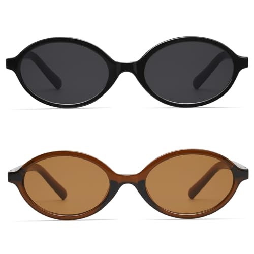 Retro Oval Sunglasses for Women Vintage 90s Small Eyewear Trendy Narrow Skinny Black Frame 2-Pack2