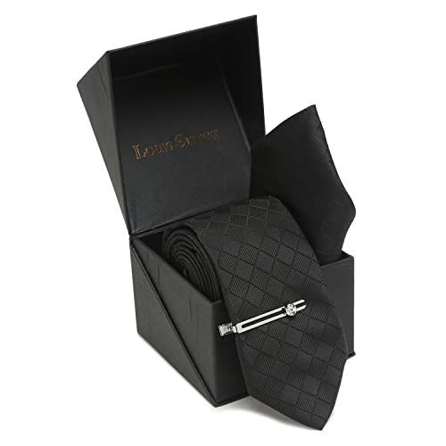 Image of LOUIS STITCH Mens Black Italian Silk Necktie Set Incl Pocket Square Chrome Tiepin American Style Formal Tie Gift Set for Men (TECPBL-#)