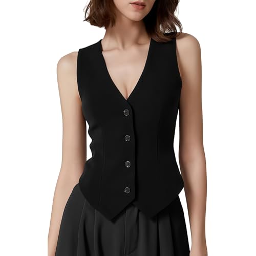 RWGSNB Chaleco Mujer Vestir, Chalecos Traje Mujer Elegantes Blazers Verano Cuello en V Ajustados Sin Mangas Botones Color Liso para el Trabajo Diario Color Negro Talla L