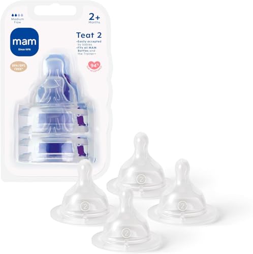 MAM Teats Size 2 | 4 Pack | Medium Flow | Fits All MAM Bottles | Suitable from 2+ Months | Made from SkinSoft Silicone | Baby Accessories for Newborn