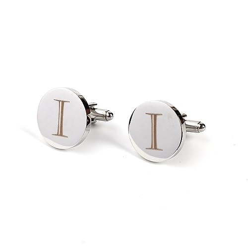 Image of Mens Initial Silver Cufflinks A-Z Alphabet Letter Steel Cuff Links with Engraved Walnut Wood Box Groom Groomsman Wedding Set