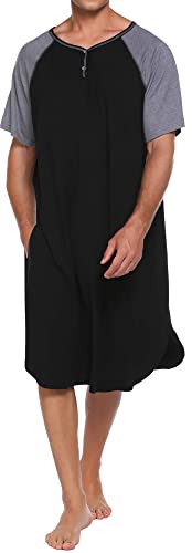 ASHER FASHION Mens Nightgown Henley Y-Neck Night Shirt for Sleeping Short Sleeve Loose Kaftan Sleepwear with Pockets