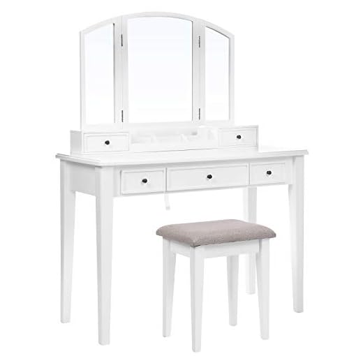 VASAGLE Vanity Set, Dressing Table Set with Tri-Fold Mirror, Large Table Top, 5 Drawers, Removable Organizer, Cushioned Stool, White URDT130W01