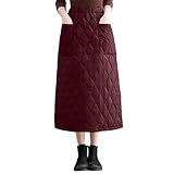 YOSUWOAI Falda de invierno para mujer, cintura elástica, falda acolchada de invierno, cálida, acolchada, midi larga, con bolsillos, a prueba de viento, falda térmica de color liso, O Vino, XL