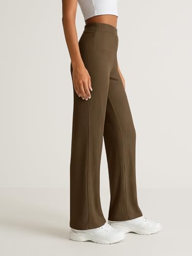 Image of Pinkmint Women High Waist Ribbed Wide Leg Trousers | Stretchable Palazzo Pants | Gym Yoga Workout Sports Activewear | Casual Lounge Travel Office Elastic Waist Flared Pants
