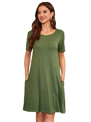 Image of Women's Summer Dresses 2026 Casual T Shirt Dress Short Sleeve Loose Flowy Sundress Swing Tunic Dress with Pockets Army Green