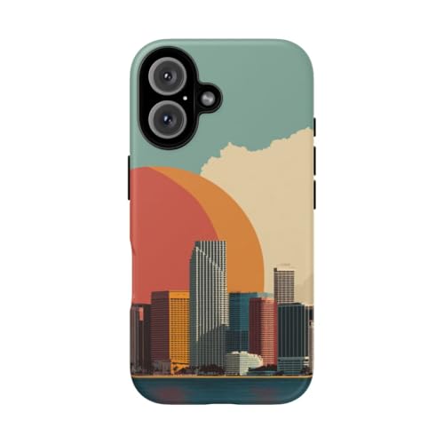 Coque rigide iPhone 16 bleu paysage urbain minimaliste soleil