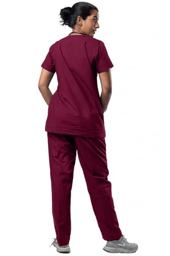 Image of UNIFORM CRAFT Women's 4 Pocket Scrub Suit Set | Medical Uniform | Cross V-Neck Poly Cotton | Short Sleeve Hospital Wear | Ideal for Doctors & Nurses (Burgundy, 3XL)