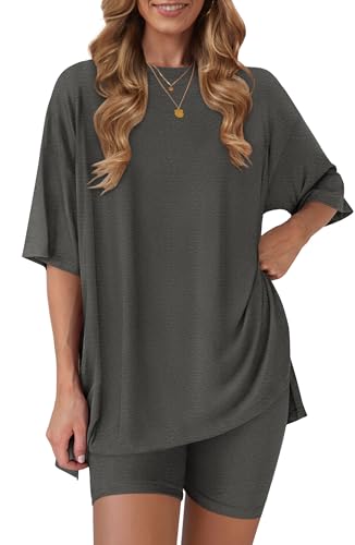 RUBZOOF 2 Piece Outfits for Women Summer Plus Size Workout Sets Two Piece Lounge Biker Shorts Set Deep Grey 2XL