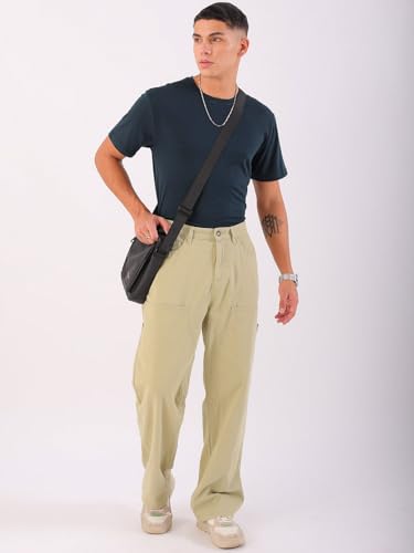 Image of The Indian Garage Co Men Relaxed Fit Solid Mid-Rise Stretchable Cargos