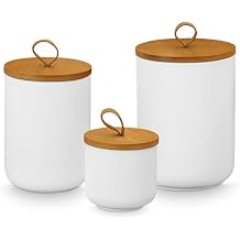 Canister Sets for Kitchen,Ceramic Kitchen Canisters for Countertop with Airtight Wood Lids for Serving Ground Coffee, Tea, Spice, Grains, Sugar, Salt White Pack of 3 8.7/27/44 Oz