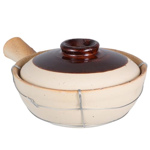 DOITOOL Olla de Barro Tradicional para Cocinar 0.5l Mango y Soporte de Alambre, Cazuela de Cerámica Blanca para Bibimbap, Sopa y Guisos, Resistente al Calor, Adecuado para Comidas