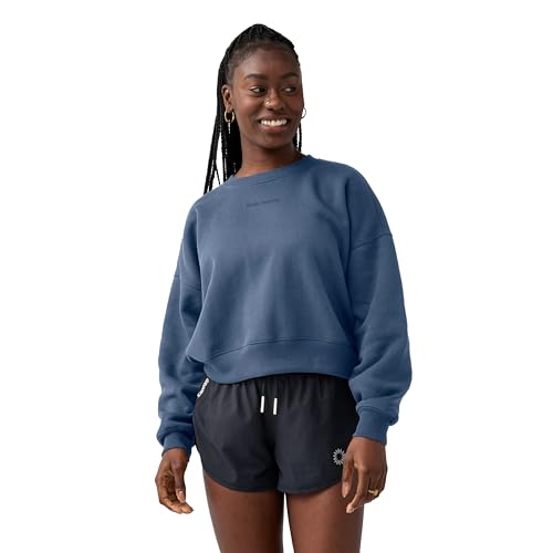 Brooks Womens Movement Cropped Sweatshirt Relaxed Fit Fleece Pullover with Drop Shoulders & Crop Design - Steel Blue - X-Large