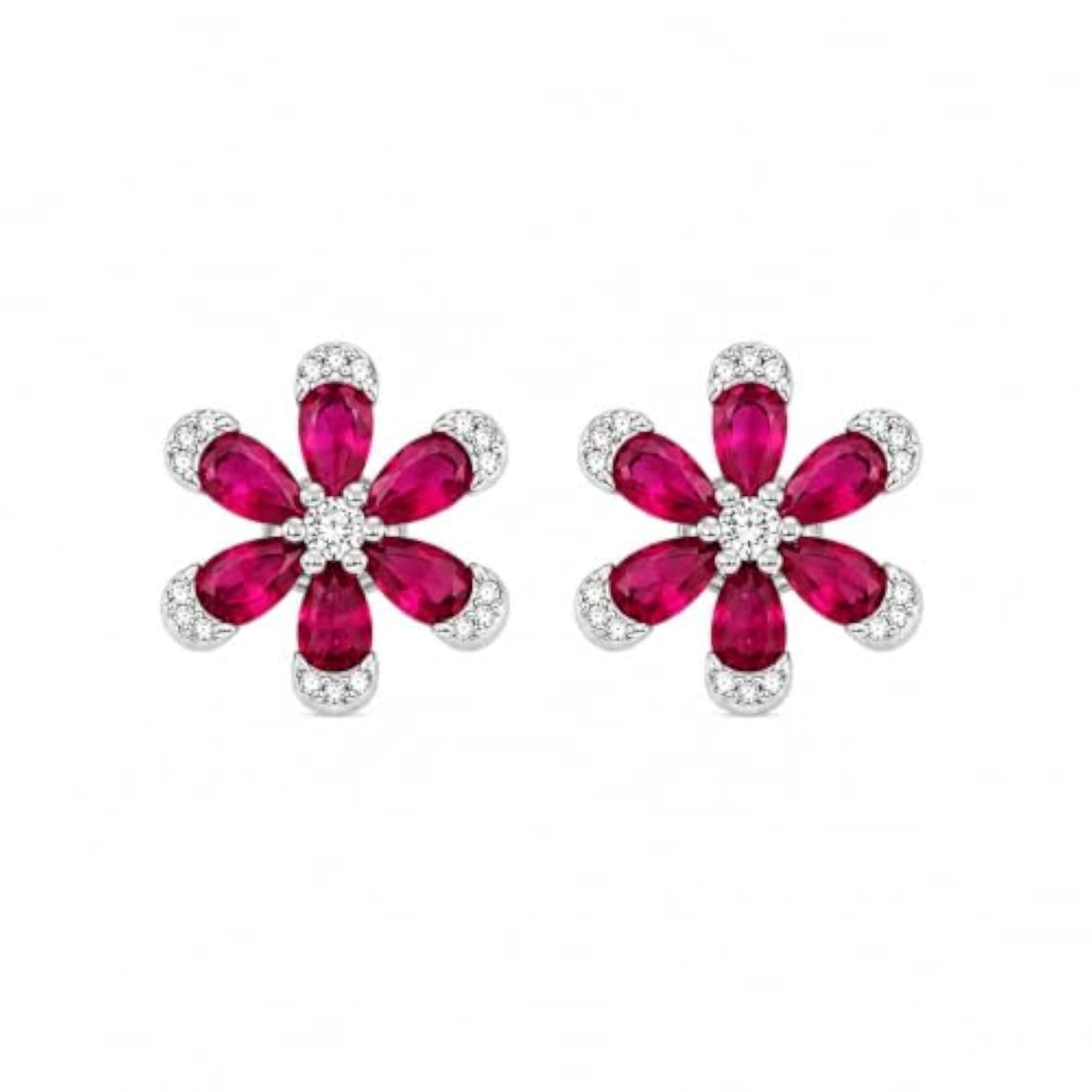 Women's Ruby Diamond Floral Stud Earrings, Exquisite Design