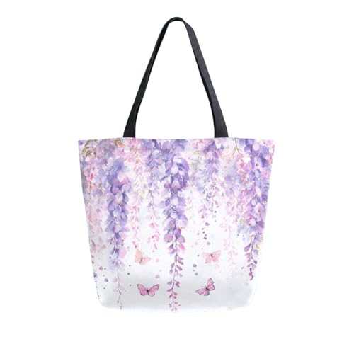 Extra Large Shoulder Tote Bag for Beach Travel Weekender Gym Watercolor Purple Pink Wisteria Flowers Falling Butterfly Reusable Grocery Canvas Shopping Bag2