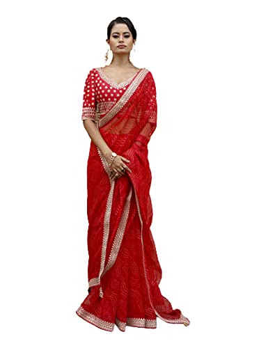 Sari indien moderne organza imprimé rouge vêtement traditionnel de fête 2780