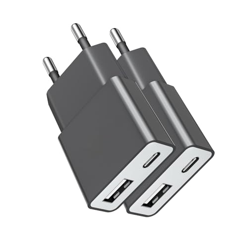 Bestwist Caricatore USB da 5 W, confezione da 2 pezzi, adattatore di ricarica ultra sottile (5 V 1 A), 2 porte: USB-C + A, compatibile con iPhone, lettori di eBook, spazzolini elettrici, lettori MP3 e