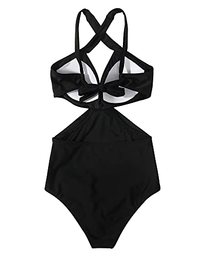 RXRXCOCO Women Front Cross CutOut One Piece Swimsuit Tummy Control High Waisted Monokini Bathing Suit4