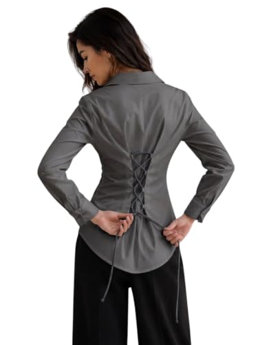Image of OOMPH! Women's Cotton Solid Corset Style Shirt | Back Lace-Up Tie-Up Cinched Waist | Full Sleeve Button-Down Formal Office & Smart Casual Shirt
