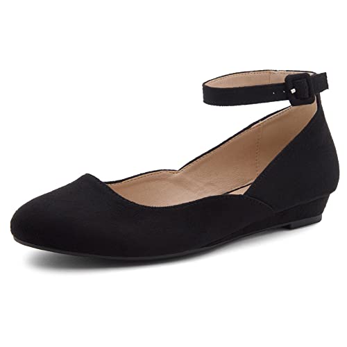Shoe Land Womens Sl-August Close Toe Ankle Strap Low Wedge Casual Flats Shoes, 1836Black, Size 8.0 #TOP24