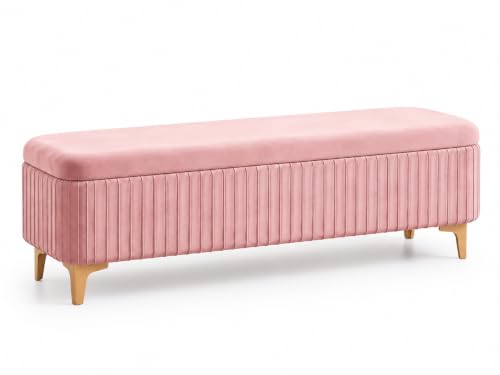Image of LEGACY OF COMFORT Qwen Velvet Upholstered Flip Top Storage Bench 2 Seater Sofa Upholstered Ottoman Bench with Storage for Living Room, Bedroom (Pink)