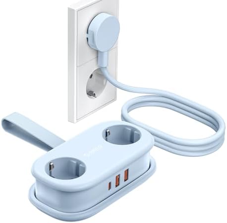 ORICO AP3 Reise Steckdosenleiste USB‑C PD 20W Blau | 2‑fach Schuko, 2x USB-A & 1x USB-C PD 20W, 2500W, 1,5m aufrollbares Kabel, platzsparend für Reisen, Zuhause & Büro