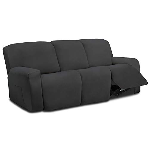 Easy-Going 8 Pieces Microfiber Stretch Sectional Recliner Sofa Slipcover Soft Fitted Fleece 3 Seats Couch Cover Washable Furniture Protector with Elasticity for Kids Pet(Recliner Sofa, Dark