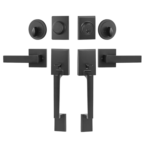 VEVOR Double Door Handle Set, Matte Black Square Door Lever, Double Front Door Handle Set with Reversible Handle Lever, Heavy Duty Double Door Lock Set with Dummy, for Office Door or Front Door by VEVOR - Used condition - US$49.77