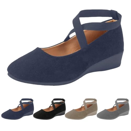UK 6.5 Womens Low Wedge Ballerina Ankle Elastic Crossing Strap Round Toe Comfy Pump Shoes Comfy Dolly Shoes for Ladies A0_Blue Clearance