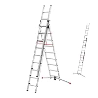 Hailo S100 ProfiLOT 3-teilige Alu-Kombileiter mit LOT-System - gleicht Unebenheiten aus - 2 x 9 + 1 x 8 profilierte Sprossen belastbar bis 150 kg - Aluleiter made in Germany - Leiter rostfrei - silber