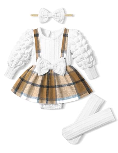 Image of Queenstyle Baby Girl Clothes Dress Fall Winter Outfits Set Puff Sleeve Plaid Romper with Headband Stockings