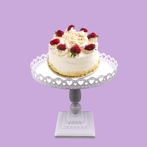 HADAAYA 12 Inches White Metal Footed Cake Stand with Hearts Shape Border, Dessert Display Stand, Serving Plate, Pedestal Stand for a Birthday Party, Weddings, Baby Shower. Christmas