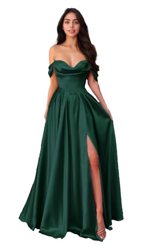 Damen Satin Ballkleider Schulterfrei Lang Abendkleid mit Schlitz A-Linie Brautjungfernkleider Abschlusskleider