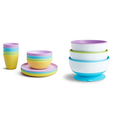 Munchkin 12 Piece Multi Toddler Dining Set, Includes 4 Cups, 4 Bowls, 4 Plates & Stay Put Suction Bowl Set, BPA Free, 3 Pack