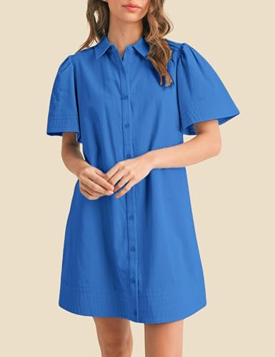 Image of Womens Short Sleeve Button Down Mini Shirt Dress Lapel Collar Short Dresses with Pocket
