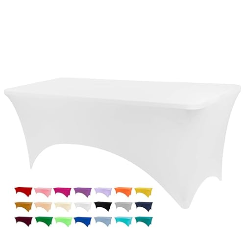 BDDC Table Covers for 6 Foot Tables, White Washable and Wrinkle Resistant Stretch Tablecloths Rectangle 6ft for Events, Wedding, Banquets, Parties