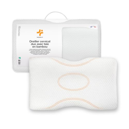 Inphysio Oreiller Ergonomique Cervical Duo - Design Double Face Ajustable (10 ou 12 cm) - Oreiller en Mousse à Mémoire de Forme - avec Taie d’Oreiller en Bambou Blanche
