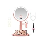 Magnifying Mirror with Light 30X/1X Double Sided, Lighted Makeup Mirror with Magnification&Tweezer,3 Colour Modes with Adjustable Brightness&Height, 360° Rotation Detachable(Rose Gold)