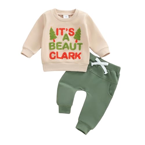 Engofs Toddler Baby Boy Girl Christmas Outfit Christmas Tree Letter Embroidery Print Sweatshirt Pants Set Khaki 0-6 Months