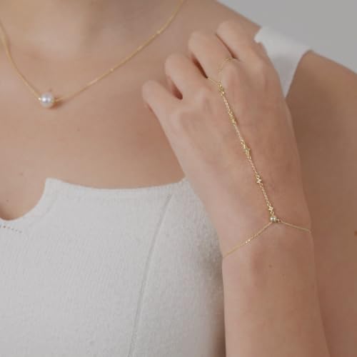 MINDDHA 14K Gold/White Gold Plated Hand Chains Bracelet for Women | Dainty Cubic Zirconia Bracelet and Ring Chain Body Jewelry | Star, Princess Cut Styles Adjustable Chain2